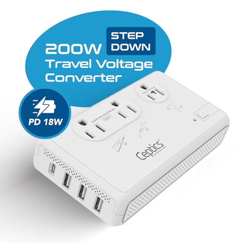 Ceptics 220V to 110V Converter,2X 200W + 1x 2000W, USB-C PD 18W, 4 USB - color: Beige