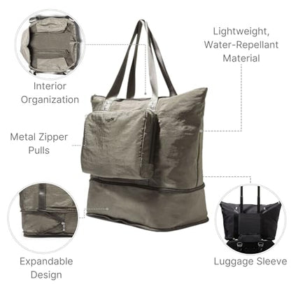 Baggallini Carryall Expandable Lightweight Travel Tote 22" Packable Folding Compact Nylon Washable Weekender w/Luggage Sleeve - color: Sterling Shimmer