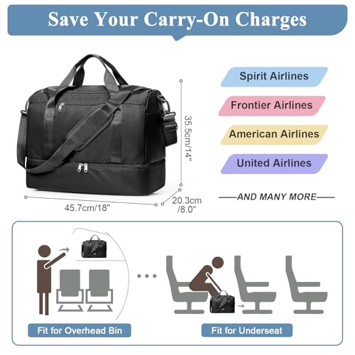 Travel Duffel Bag,Carry-On Overnight Weekender Bags with Shoes Compartment - color: Black, size: Small