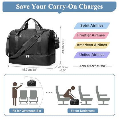 Travel Duffel Bag,Carry-On Overnight Weekender Bags with Shoes Compartment - color: Black, size: Small