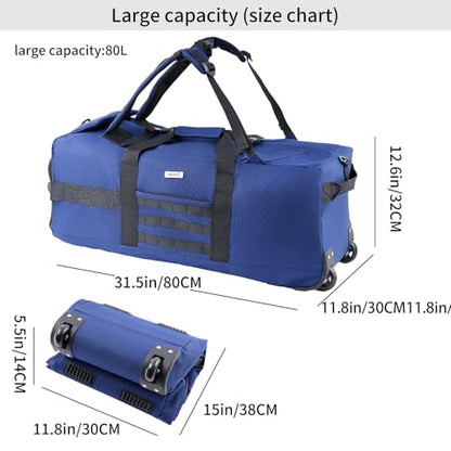 80L Travel Rolling Duffel Bag with wheels, Military Tactical Wheeled Foldable for Deployment Travel Camping Sports - color: Blue