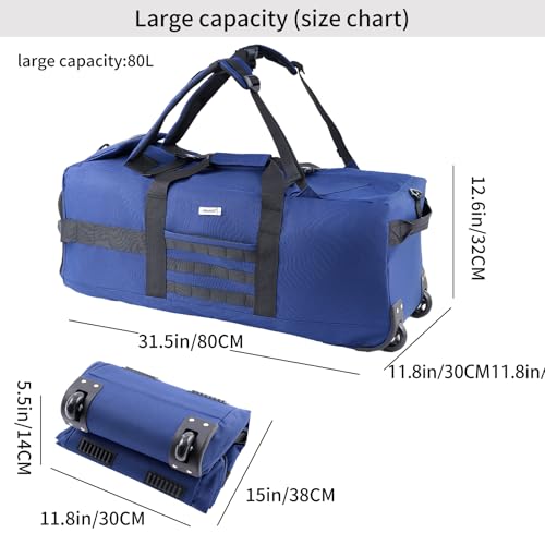 80L Travel Rolling Duffel Bag with wheels, Military Tactical Wheeled Foldable for Deployment Travel Camping Sports - color: Blue