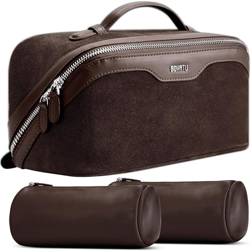 BOYATU Genuine Leather Travel Makeup Bag: Hand-made 3 Pcs Set Cosmetic Bags - color: 08Coffee