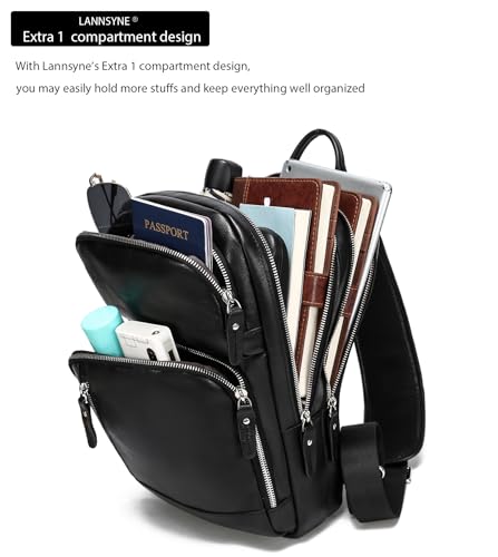 LANNSYNE Full Grain Leather Sling Bag For Men, Crossbody Bag fits 12.9" iPad Crossbody Chest Daypack - color: Black