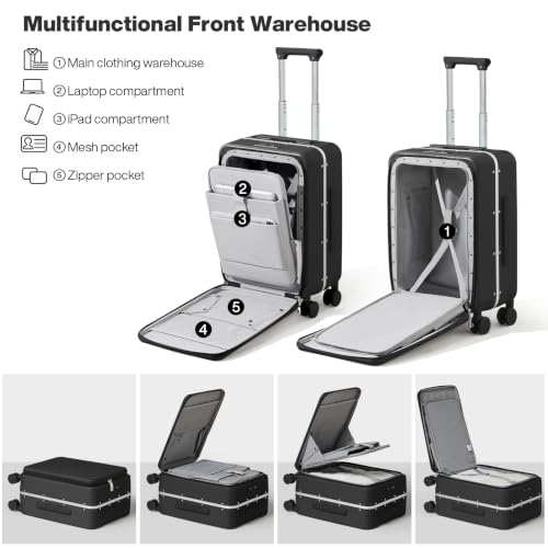 mixi Carry On Luggage, 20'' Suitcase with Front Pocket, Travel Rolling Luggage Aluminum Frame PC Hardside with Spinner Wheels & TSA Lock and Cover - Black - color: Black, size: 20-inch