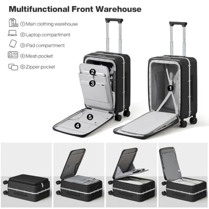 mixi Carry On Luggage, 20'' Suitcase with Front Pocket, Travel Rolling Luggage Aluminum Frame PC Hardside with Spinner Wheels & TSA Lock and Cover - Black - color: Black, size: 20-inch