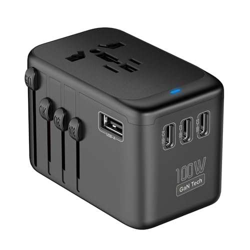 JMFONE 100W GaN Universal Travel Adapter, 5 USB C/A Ports, 2500W AC Outlet - color: 100W -Black+White