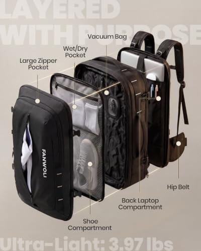 Fanwoli Vacuum Travel Backpack,One-Button Compression,Expandable Carry-On - color: Black