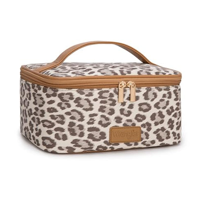 Wrangler Travel Makeup Bag 2pcs Set Cosmetic Bag with Makeup Brush Holder - color: Leopard-Khaki