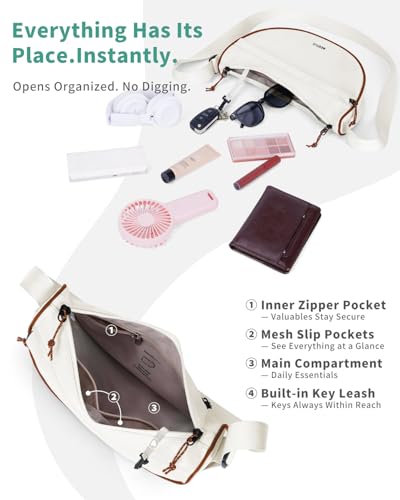 ECOHUB Anti Theft Crossbody Bag for Women & Men, Lightweight Nylon Crescent Shoulder Bag with RFID Pocket, Adjustable Strap - color: Beige