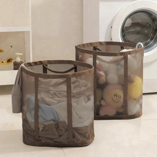 Mesh Bag with Handles, Collapsible Laundry Basket, Foldable Laundry Bag, Breathable Folding Beach Bag,Space-saving Travel Tote Bags (2, Brown) - color: Brown
