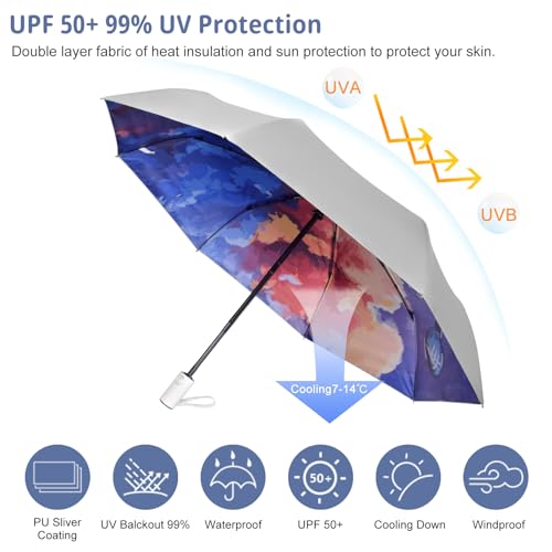Cuby UV Sun Umbrella Compact Folding Travel Umbrella Auto Open and Close for Windproof, Rainproof & 99.9% UV Protection Parasol with Silver Anti-UV Coating - color: Hot air balloon