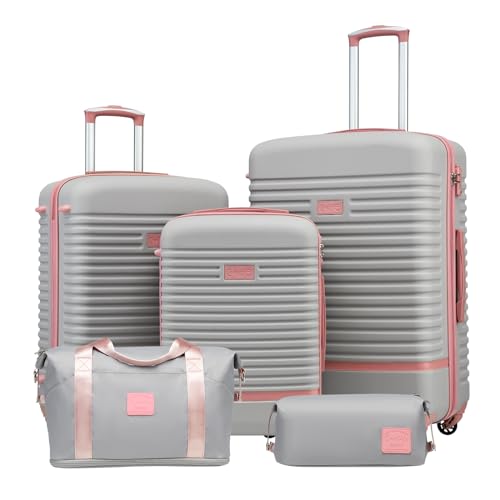 Coolife Luggage Set Carry On Suitcase,5 piece, Gray Pink(DB/TB/20/24/28) - color: Gray+Pink, size: 5 piece set