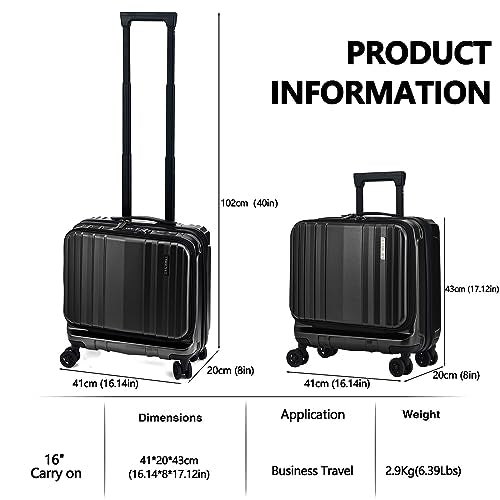 TydeCkare 16" Carry on Luggage with 2 Laptop Compartments Airline Approved - color: Black