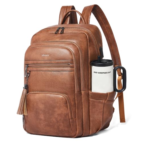 Shrrie 17 Inch Faux Leather Laptop Backpack for Women with Large Cup Holder - color: Caramel Brown