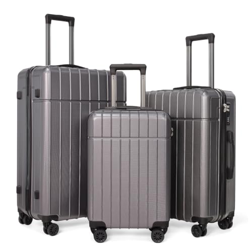 Luggage Sets 3 Piece(20/24/28)-Suitcase Set- Luggage with Wheels-PC + ABS Durable Lightweight Rotating hardshell suitcase (Grey) - color: Grey
