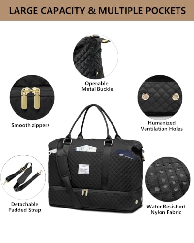 Weekender Travel Duffle Bag for Women: Overnight Bags with Shoe Compartment - color: 1-Black, size: Large