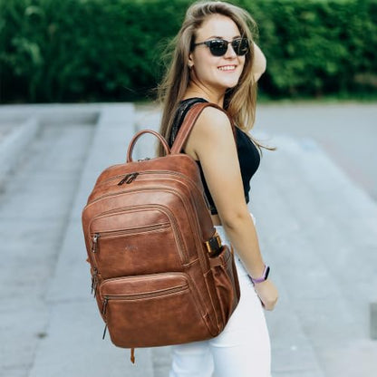 Shrrie 17 Inch Laptop Leather Backpack for Women with USB Charger - color: Caramel Brown
