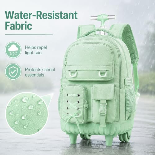 UFNDC 3PCS Wheeled Backpack for Girls, Women Green Roller Backpacks with an Interlaced Ribbon Bow, Water-Resistant Travel Rolling Backpack - color: Rolling Backpack Ribbon Bow Green