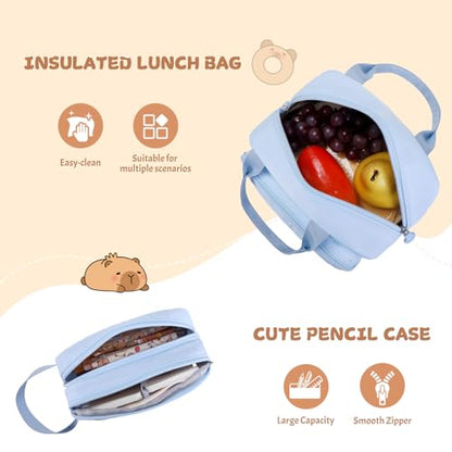 Capybara Rolling Backpack for Girls with Lunch Box & Pencil Case - color: Blue