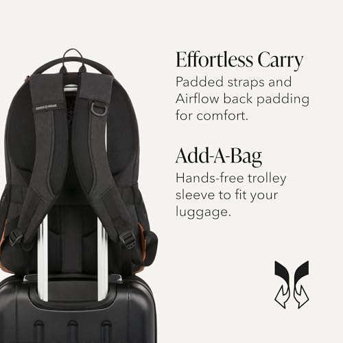 SwissGear Cecil Laptop Backpack, Fits Most 16-Inch Laptops, Three-Compartment Design, Airflow Back Panel, Black, 27.3L, 18-Inch - color: Black Canvas/Brown