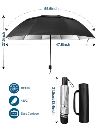 Kalolary 55/62 Inch Large Golf Umbrella UV Protection Compact Umbrella - color: Black-Silver
