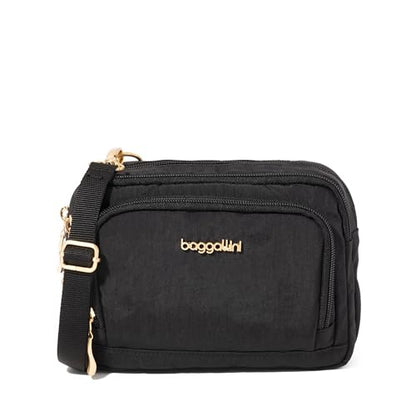 Baggallini Triple Zip with Front Wallet/Trifecta RFID Wallet Crossbody - color: Black W/ Gold Hardware