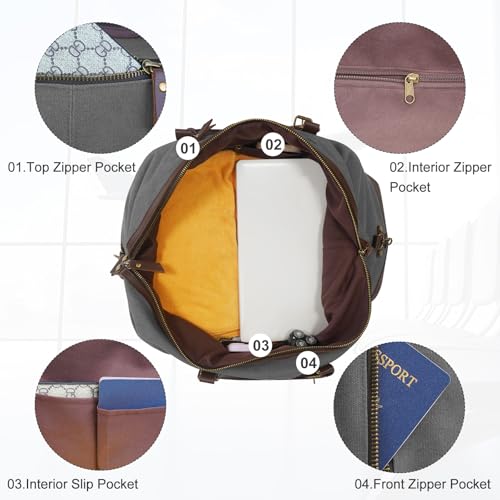 55L Canvas Duffle Bag for Men, Carry On Travel Weekender Overnight Bag - color: Grey