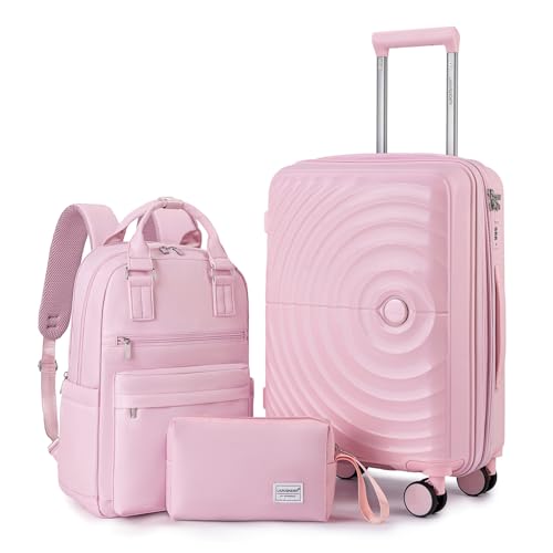 LARVENDER Expandable Carry On 3 Piece Luggage Set with Backpack 20 Inch - color: Light Pink, style: 3 Piece Sets