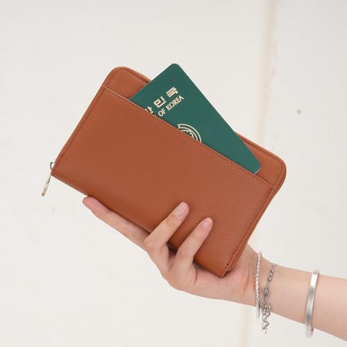 Leather Zipper Passport Wallet Holder Travel Essentials with RFID Blocking - color: Brown