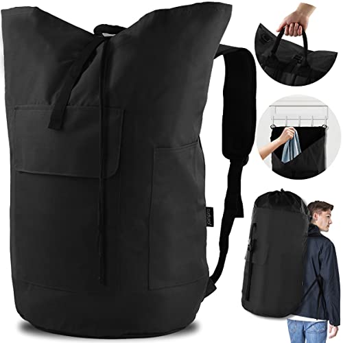 Laundry Bag Backpack 125L Extra Large, Heavy Duty 900D Coated Oxford Fabric, 3 Pockets Durable Travel Laundry Bags with Soft Padded Shoulder Straps for College Dorm, Apartment, Laundromat (Black) - color: Black