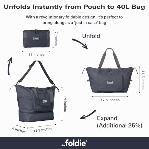 The Foldie Foldable Travel Bag for Women - 40L Weekender Bag with Multiple Pockets - Carry On Expendable Travel Bag - color: Grey