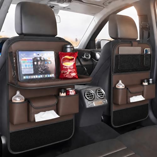 2 Pack Leather Car Backseat Organizer with Foldable Table Tray, Universal Car Seat Back Protector Kick Mat with Touchscreen Tablet Holder, Storage Pockets, Cup Holders & Tissue Holder, Brown - color: Brown