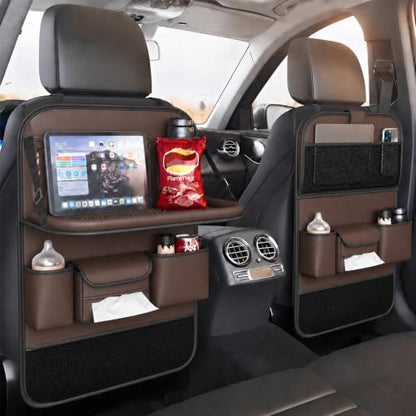 2 Pack Leather Car Backseat Organizer with Foldable Table Tray, Universal Car Seat Back Protector Kick Mat with Touchscreen Tablet Holder, Storage Pockets, Cup Holders & Tissue Holder, Brown - color: Brown