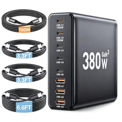 380W USB C Charger Block with 4 USB Cables Dual 100W Charging Station - color: Black