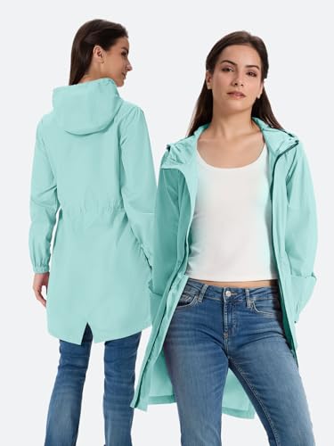 SaphiRose Women's Long Packable Rain Jacket with Hood Waterproof Raincoat - color: Light Green, size: Small