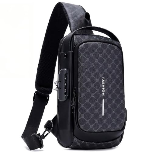 Travel Sling Bag Waterproof Crossbody Bag with Combination Lock Anti-Theft PU Leather Chest Bag - color: Black White