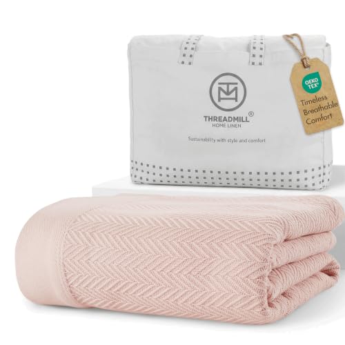 Threadmill Luxury 100% Cotton Queen Herringbone Blanket, English Rose - color: English Rose, size: Queen (90" x 92")