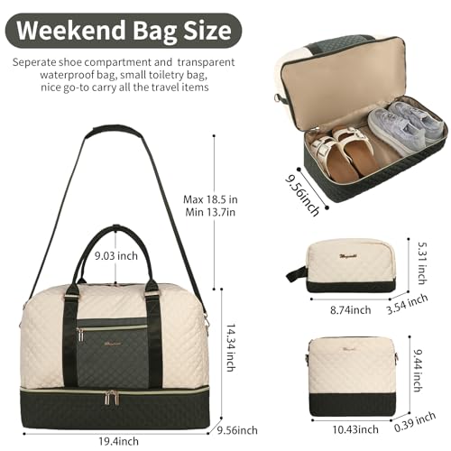 3PCS Weekender Bags for Women Large Overnight Bag, Black Beige Green - color: Black Beige Green