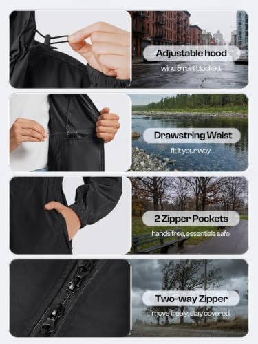 SaphiRose Women's Long Packable Rain Jacket with Hood Waterproof Raincoat - color: Black, size: Large