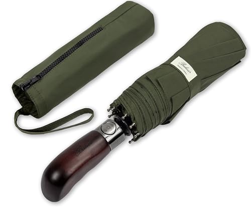 Balios Folding Umbrella Real Wood Handle Auto Open Close - color: Olive Green