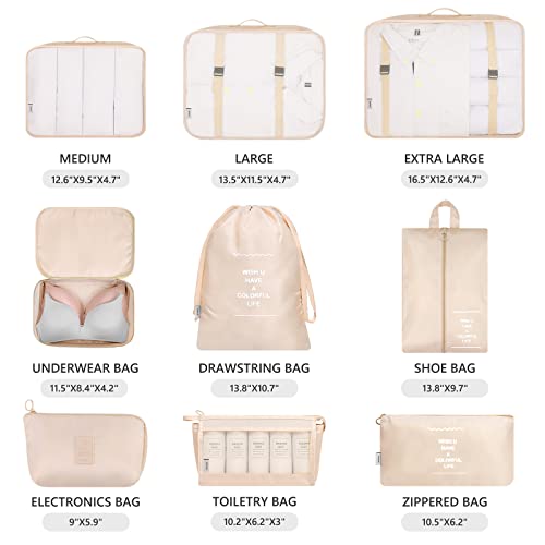Mossio 9 Set Packing Cubes with Shoe Bag & Electronics Bag - Luggage Organizers Suitcase Travel Accessories - color: Beige