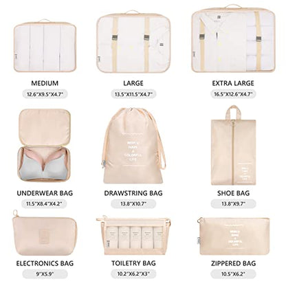 Mossio 9 Set Packing Cubes with Shoe Bag & Electronics Bag - Luggage Organizers Suitcase Travel Accessories - color: Beige