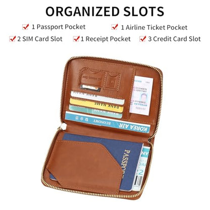 Travel Passport Wallet RFID Blocking Passport Holder-Women and Men with Zippered Ladies Passport Cover - color: H-Light Brown