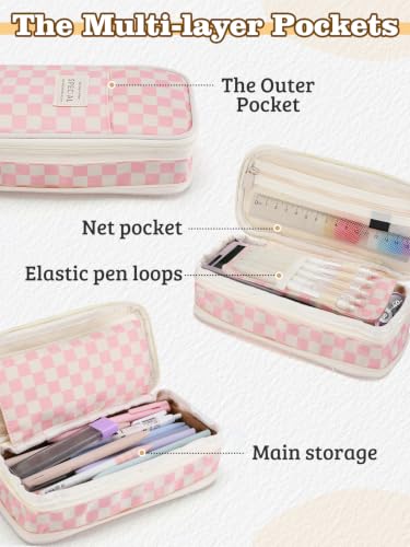 Bigmeta Gingham Expandable Pencil Case for Teens Girls - Pink - color: Pink