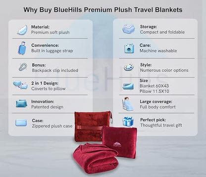 BlueHills Premium Soft Travel Blanket Pillow Airplane 2 in 1 Combo Warm Red - color: Red-1pk-t001