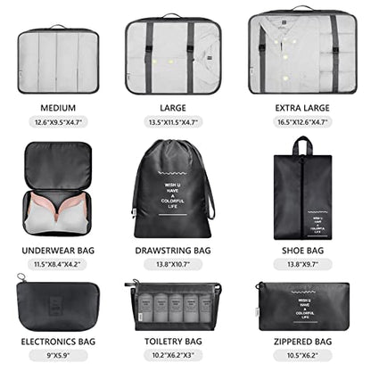 Mossio 9 Set Packing Cubes with Shoe Bag & Electronics Bag - Luggage Organizers Suitcase Travel Accessories - color: Black