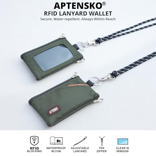 RFID 차단 여행용 지갑, 조절 가능한 랜야드 포함, 작은 나일론 지퍼 파우치 및 신분증, 신용 카드, 현금, 열쇠, 통근자용 배지 홀더, Amy Green., 끈이 달린 RFID 차단 여행용 지갑 - color: Amy Green.