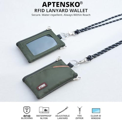 RFID 차단 여행용 지갑, 조절 가능한 랜야드 포함, 작은 나일론 지퍼 파우치 및 신분증, 신용 카드, 현금, 열쇠, 통근자용 배지 홀더, Amy Green., 끈이 달린 RFID 차단 여행용 지갑 - color: Amy Green.