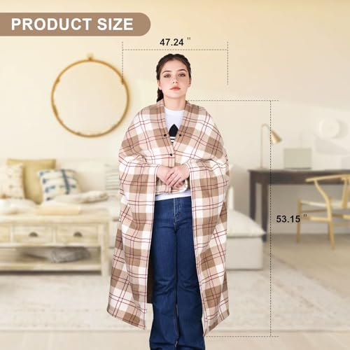 forestfish Wearable Blanket Compact Pillow 2-in-1, Flannel Lap Blanket Poncho with Button Plaid Throw Cushion for Home Office Sofa - color: Light Brown